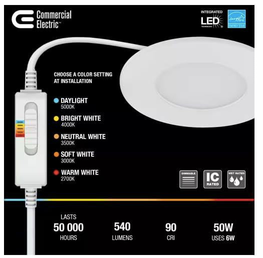 Commercial Electric Ultra Slim Integrated LED 4 in Square Adj Color Temp Canless Recessed Light for Kitchen Bath Living Rooms, White 91476