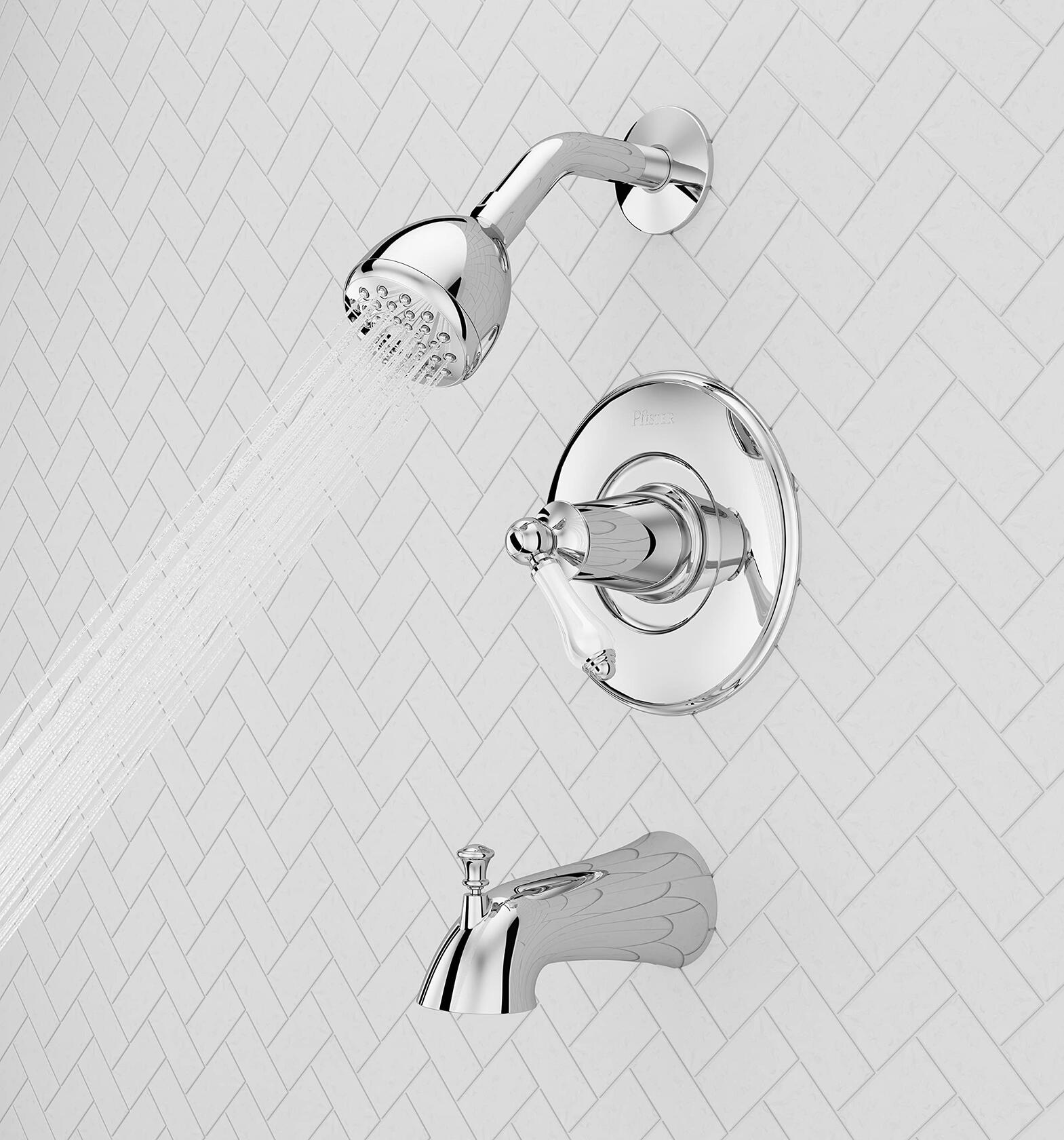 Pfister Courant Tub & Shower Trim Kit, Valve and Cartridge Included, White Ceramic Lever Handle, Polished Chrome Finish, 8P8WS2CO2SPC