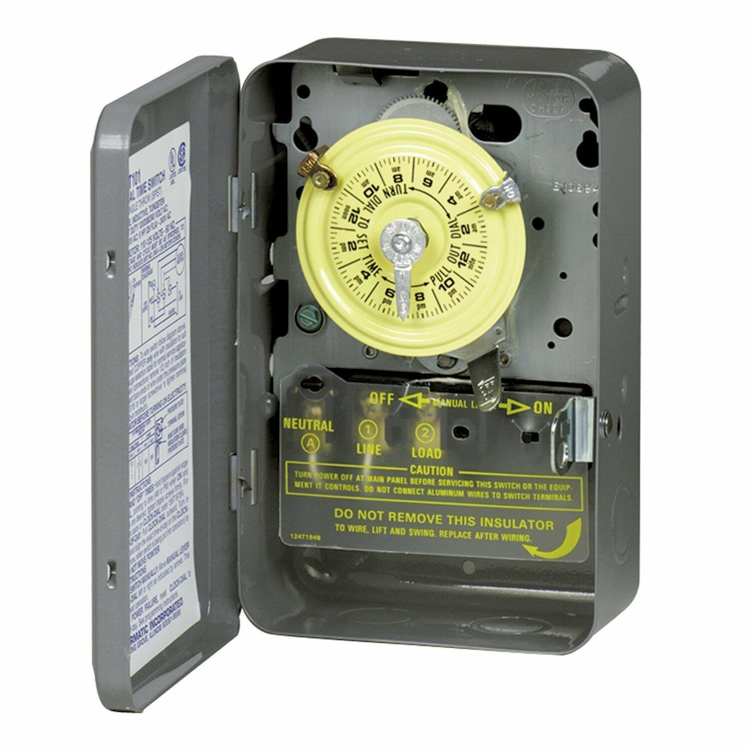 Intermatic T101 24-Hour Mechanical Timer Switch - 120V SPST, Indoor Metal Enclosure, Programmable Light Timer, Heavy Duty, Manual Override, 40 Amp - Ideal for Lights, Pumps, Fans, and HVAC Systems