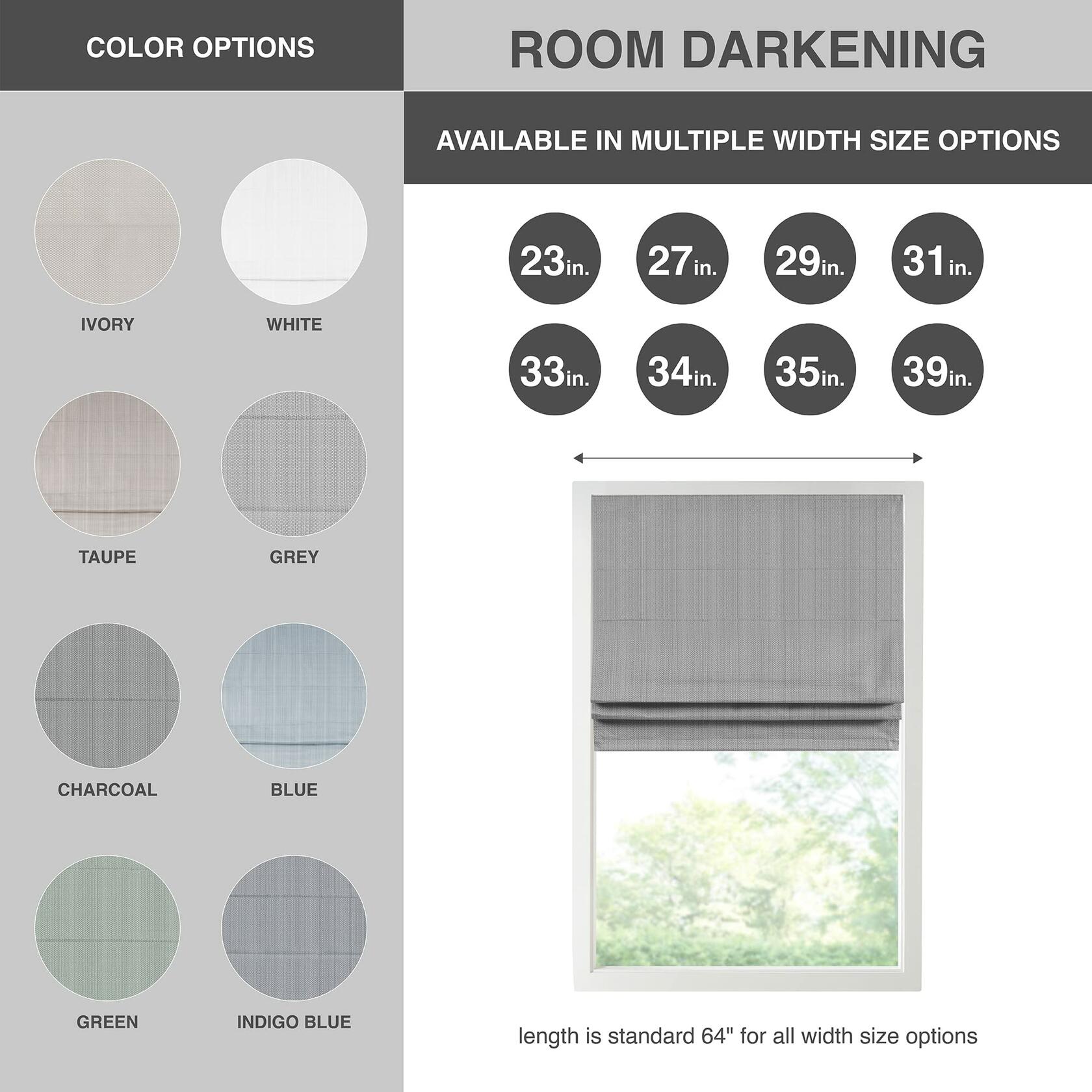 Madison Park Galen Cordless Fabric Privacy Single Panel Darkening, Energy Efficient Roman Shade, Window Curtain, 39"W x 64"L, Basketweave Sheen Grey