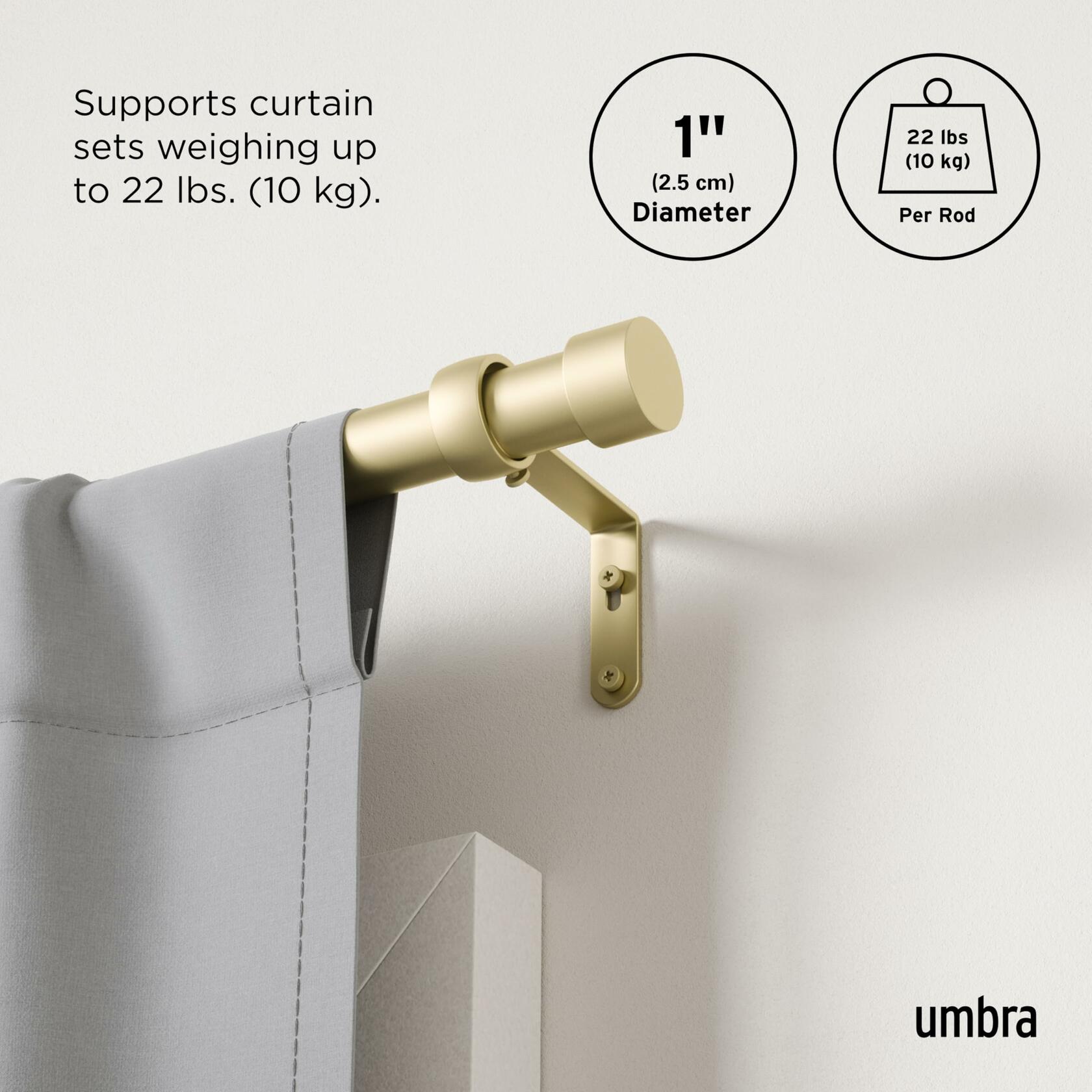 Umbra Cappa Modern 1" Curtain Rod, Includes 2 Matching Finials, Brackets & Hardware, Brass