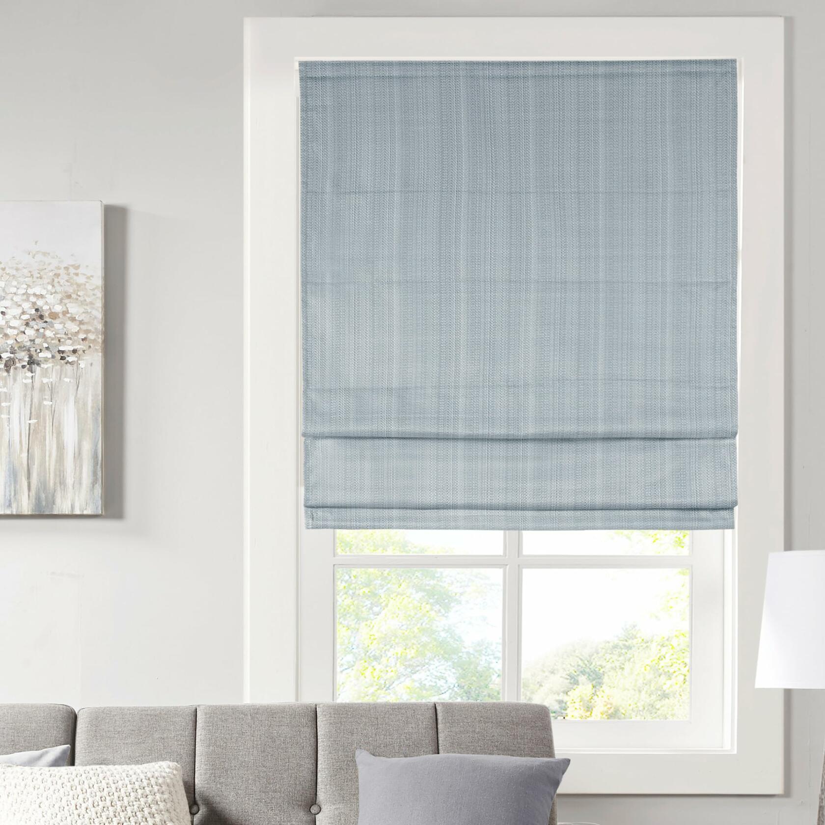 Madison Park Galen Cordless Fabric Privacy Single Panel Darkening, Energy Efficient Roman Shade, Window Curtain, 33"W x 64"L, Basketweave Sheen Blue