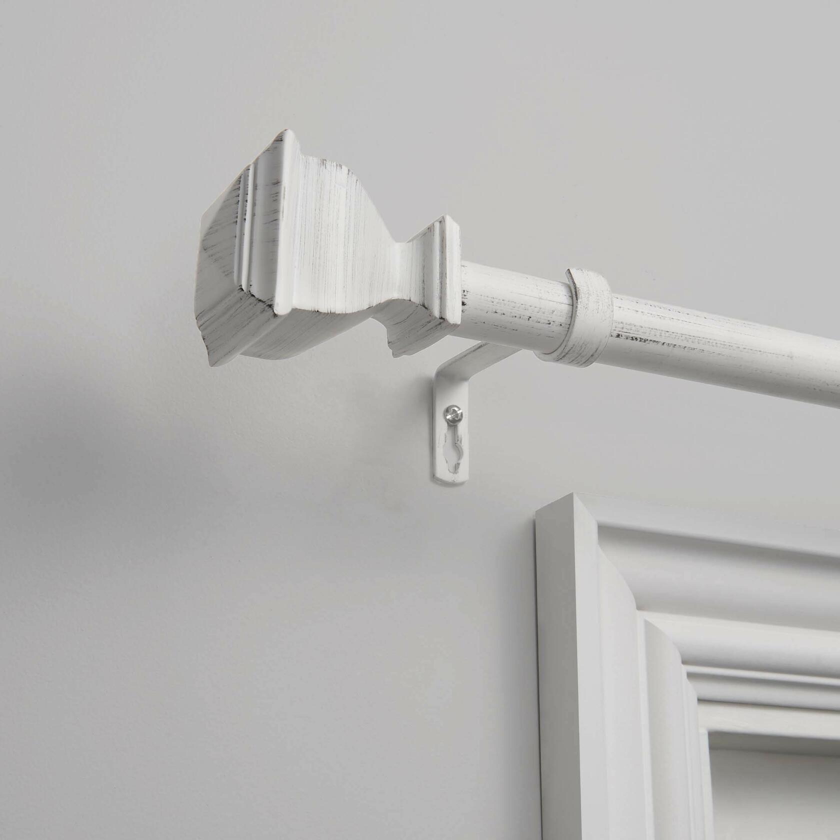 EXCLUSIVE HOME Napoleon 1" Curtain Rod and Coordinating Finial Set, Distressed White, Adjustable 36"-72"