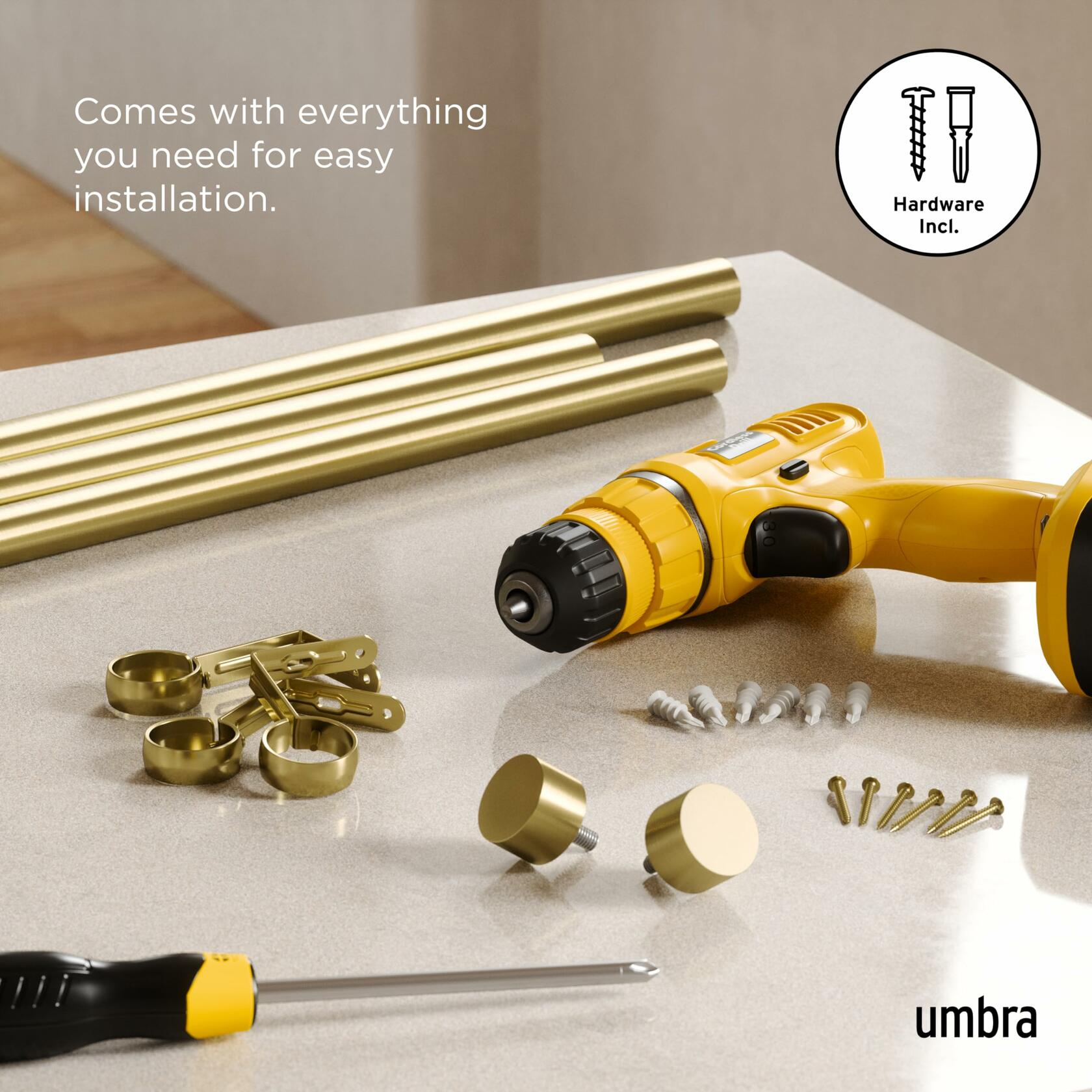Umbra Cappa Modern 1" Curtain Rod, Includes 2 Matching Finials, Brackets & Hardware, Brass