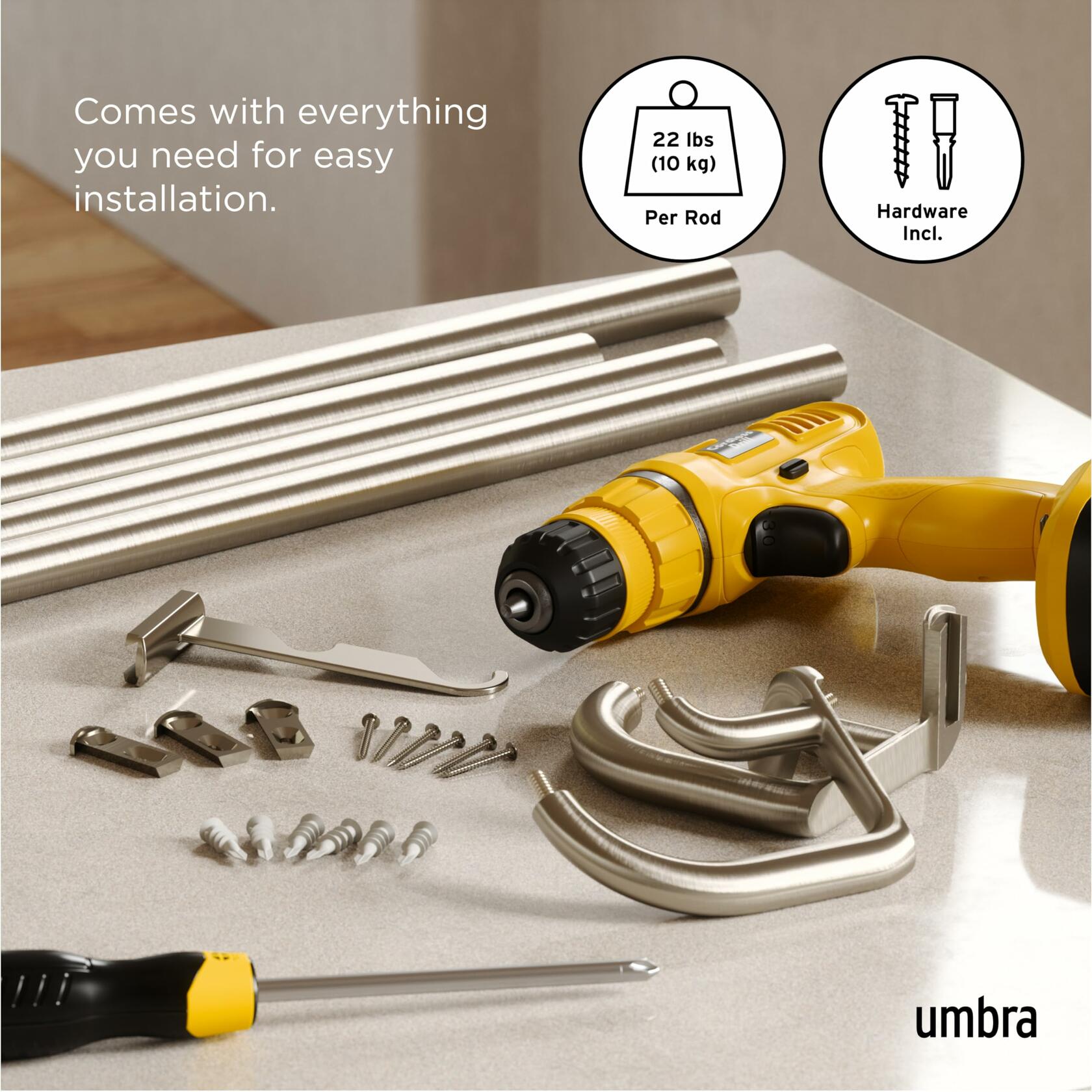 Umbra Twilight Double Curtain Rod Set – Wrap Around Design Ideal for Blackout or Room Darkening Panels, 30 to 84 Inches, Nickel