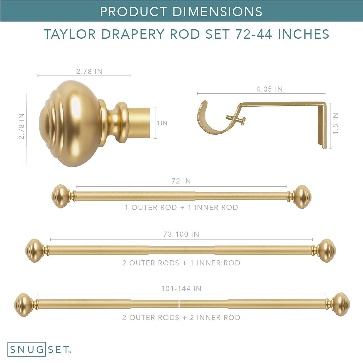 Gold Curtain Rod 72-144" Adjustable, Patented Quick Easy Installation Hardware, No Tools Option, 1" Rod Durable Steel Construction, Supports Heavy Fabrics, Traditional Knob Finial