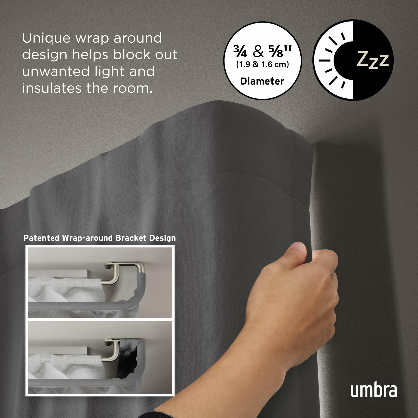 Umbra Twilight Double Curtain Rod Set – Wrap Around Design Ideal for Blackout or Room Darkening Panels, 30 to 84 Inches, Nickel