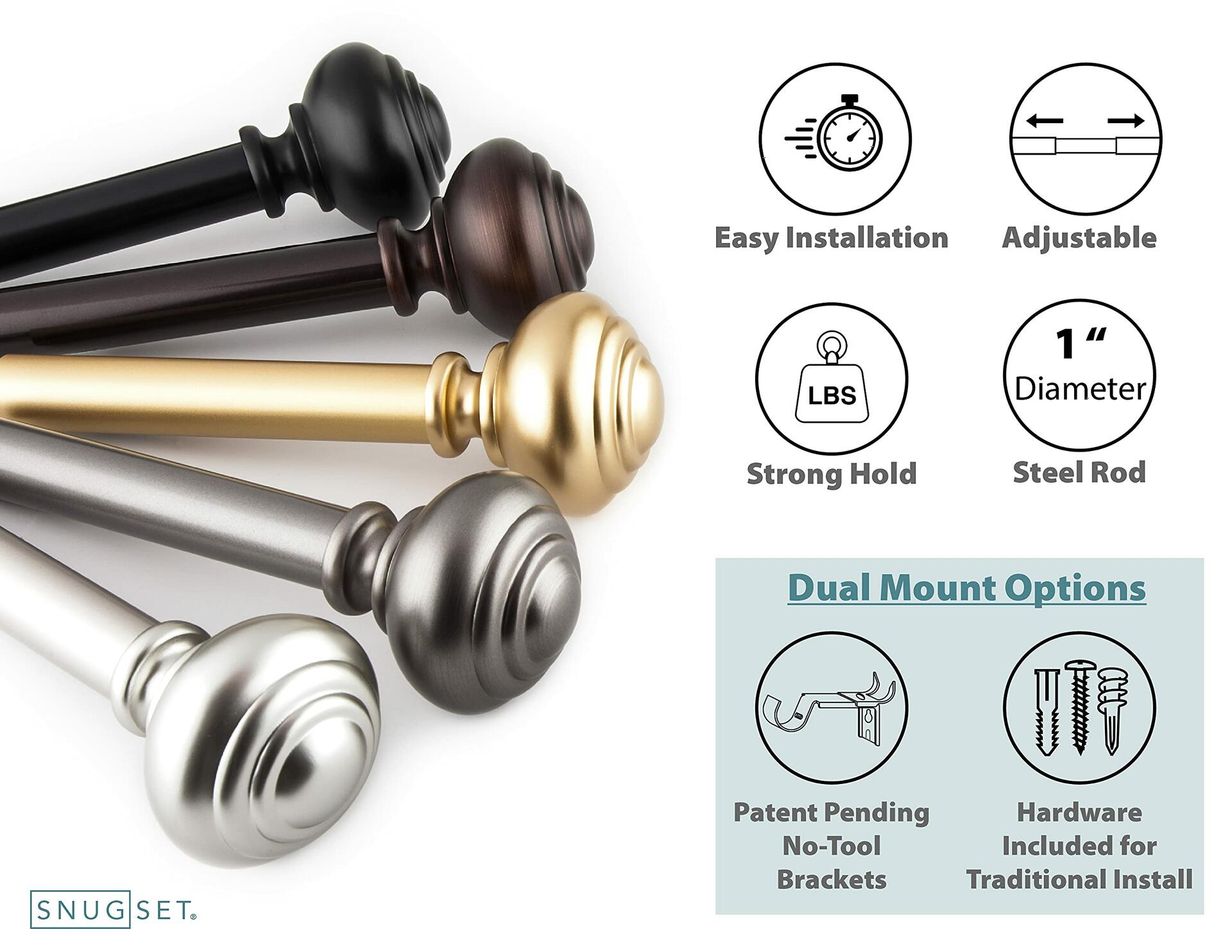 Gold Curtain Rod 72-144" Adjustable, Patented Quick Easy Installation Hardware, No Tools Option, 1" Rod Durable Steel Construction, Supports Heavy Fabrics, Traditional Knob Finial