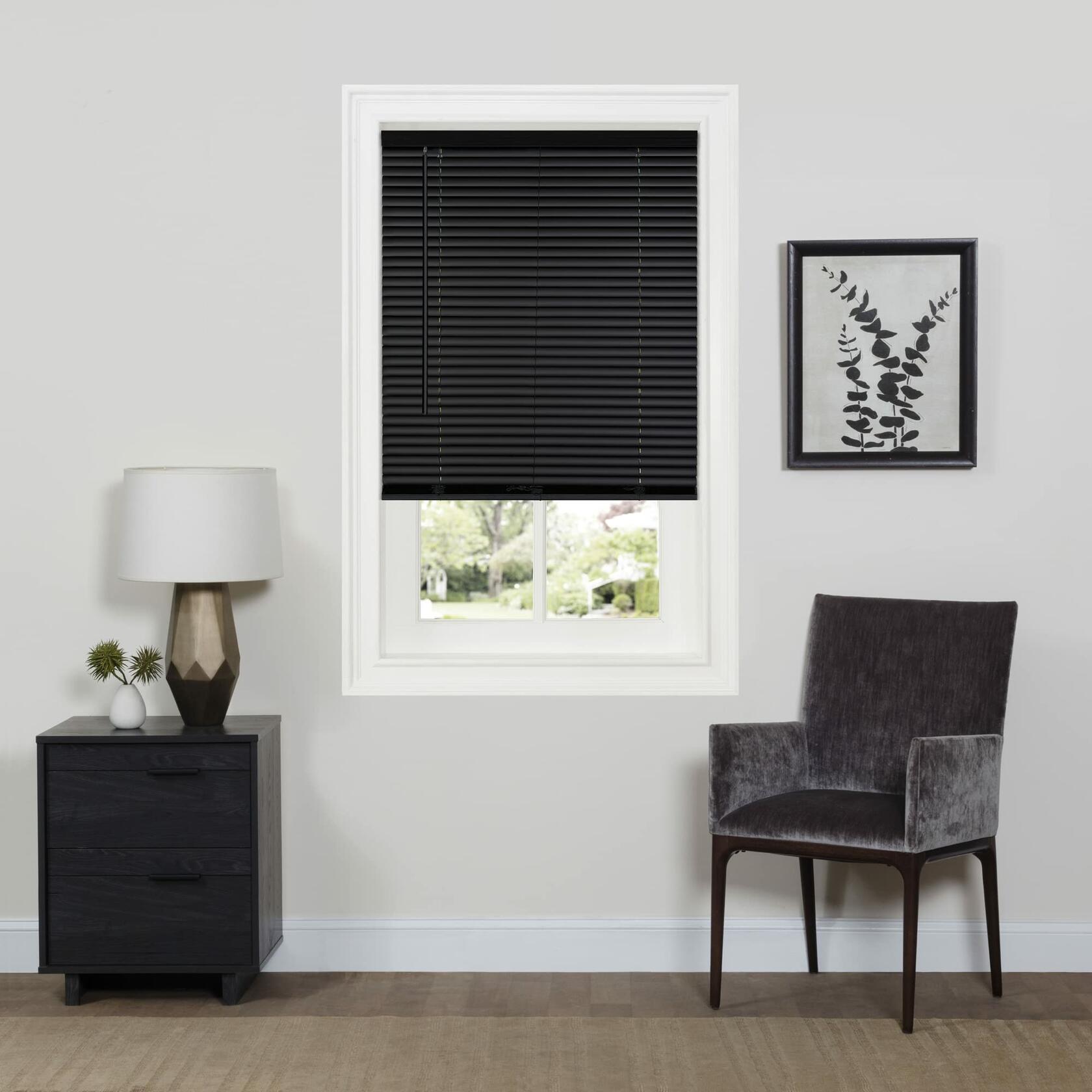 Cordless Room Darkening Mini Blind - 36 Inch Width, 64 Inch Length, 1" Slat Size - Black - Cordless GII Deluxe Sundown Horizontal Windows Blinds for Interior by Achim Home Decor