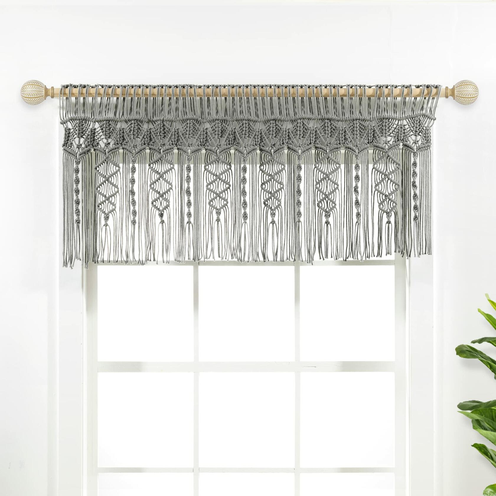 Lush Decor Boho Macrame Textured Cotton Valance, 50" W x 20" L, Gray - Boho Kitchen Curtains & Wall Decor - Macrame Valance - Bathroom Window Curtains