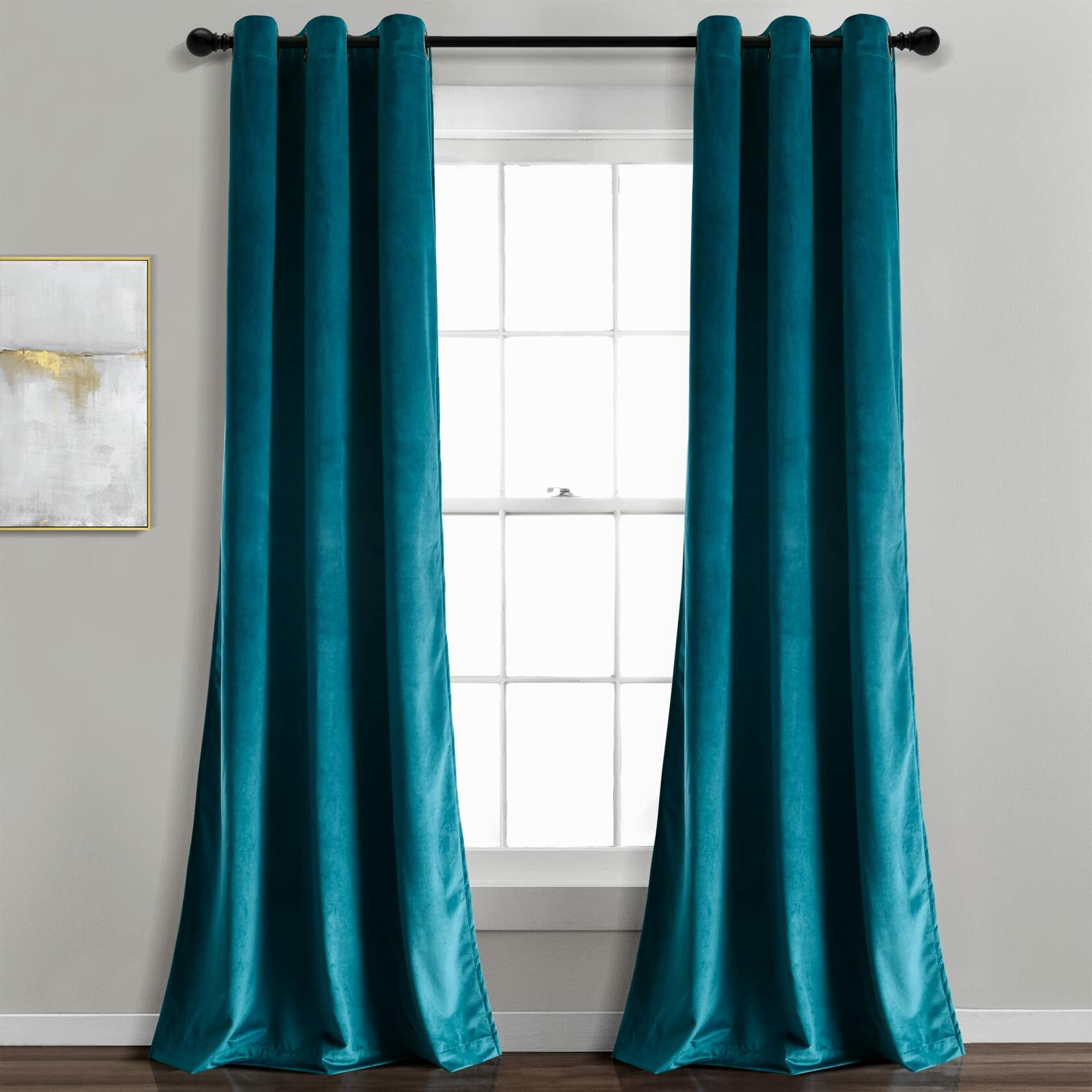 Lush Decor Prima Velvet Solid Light Filtering Grommet Window Curtain Panel Pair, 95" L x 38" W, Peacock
