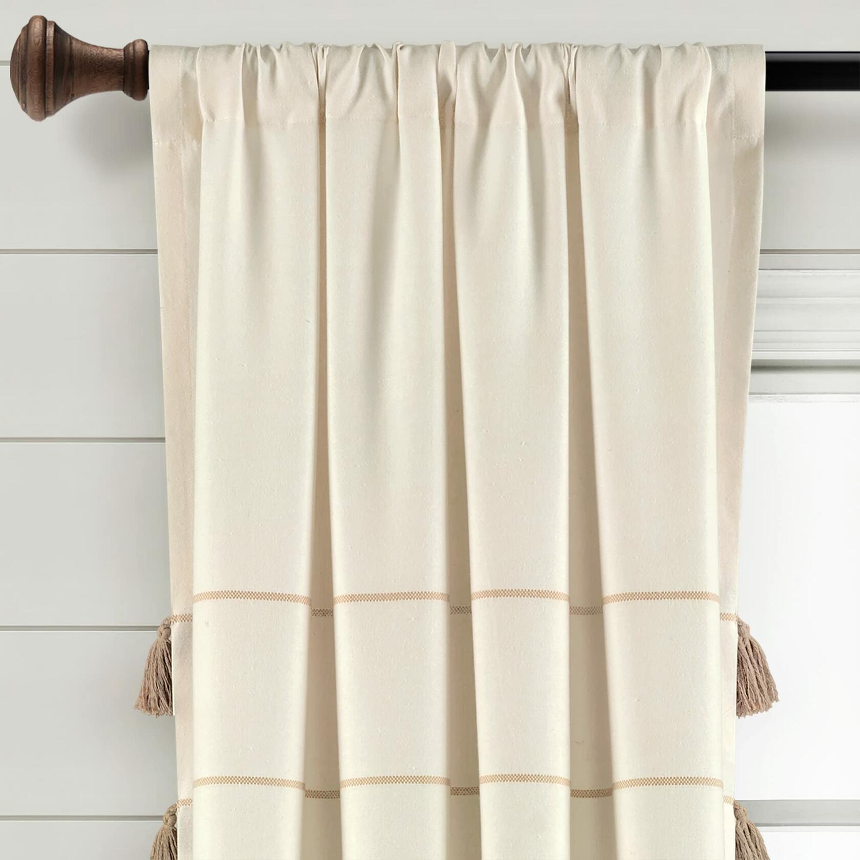 Lush Decor Farmhouse Boho Stripe Woven Tassel Yarn Dyed Cotton Blend Window Curtain Panels Pair 42" W x 84" L Ivory & Wheat - Striped Living Room Curtains