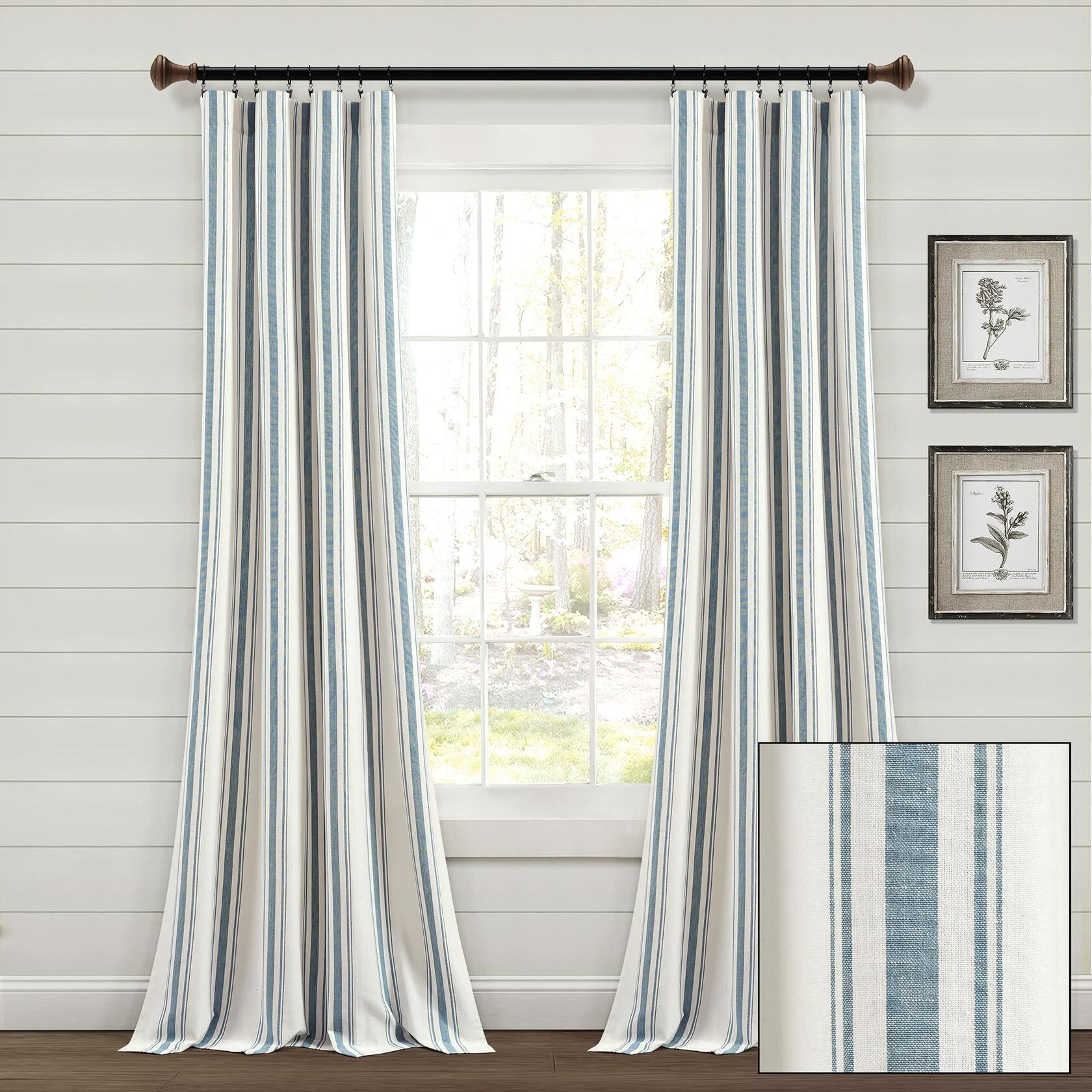 Lush Decor Farmhouse Stripe Yarn Dyed Eco-Friendly Recycled Cotton Window Curtain Panel Pair, 42" W x 95" L, Blue - Classic Modern Rustic Charm - Eco Friendly Cotton Fabric