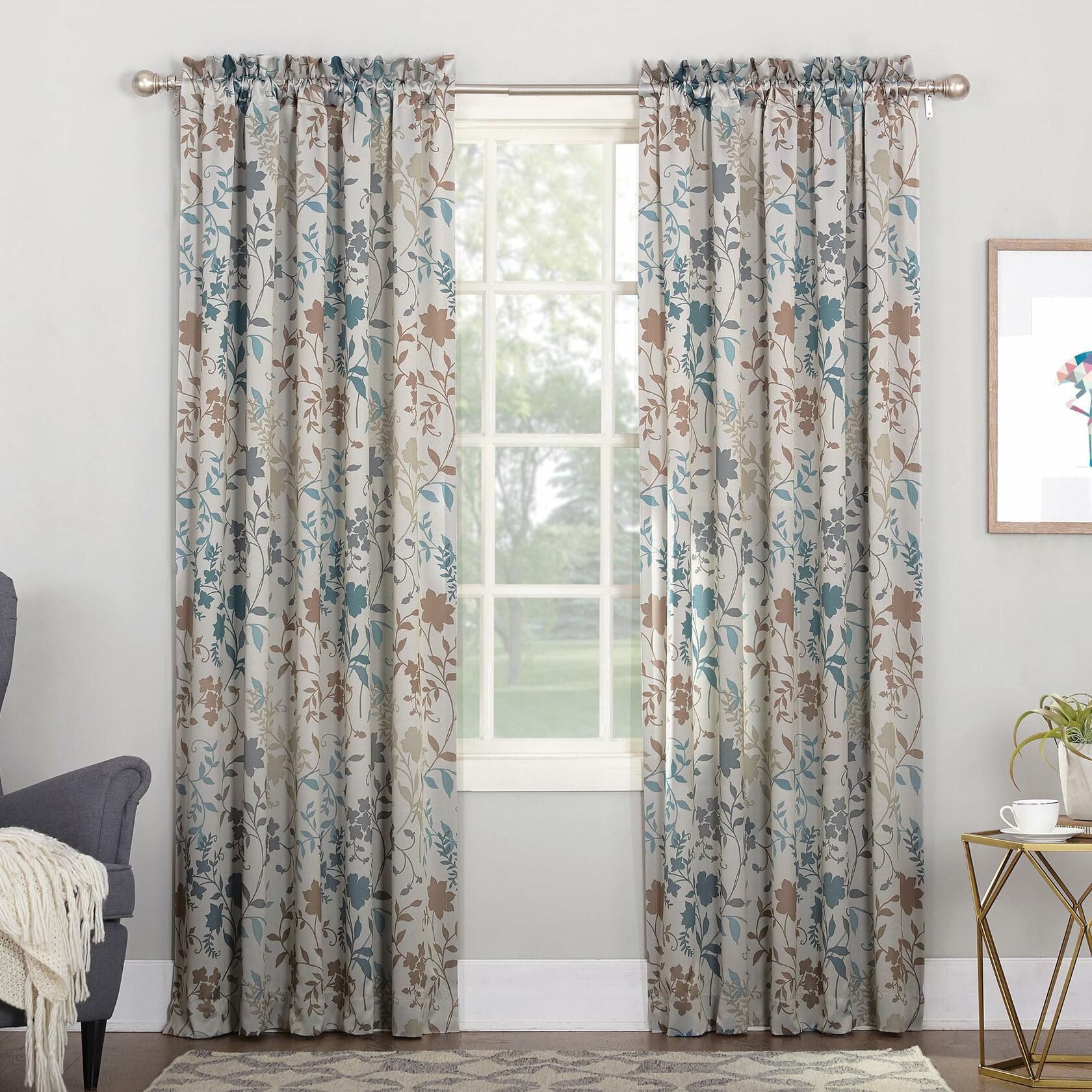 Sun Zero Kara Floral Print Energy Efficient Rod Pocket Curtain Panel, 54" x 63", Stone
