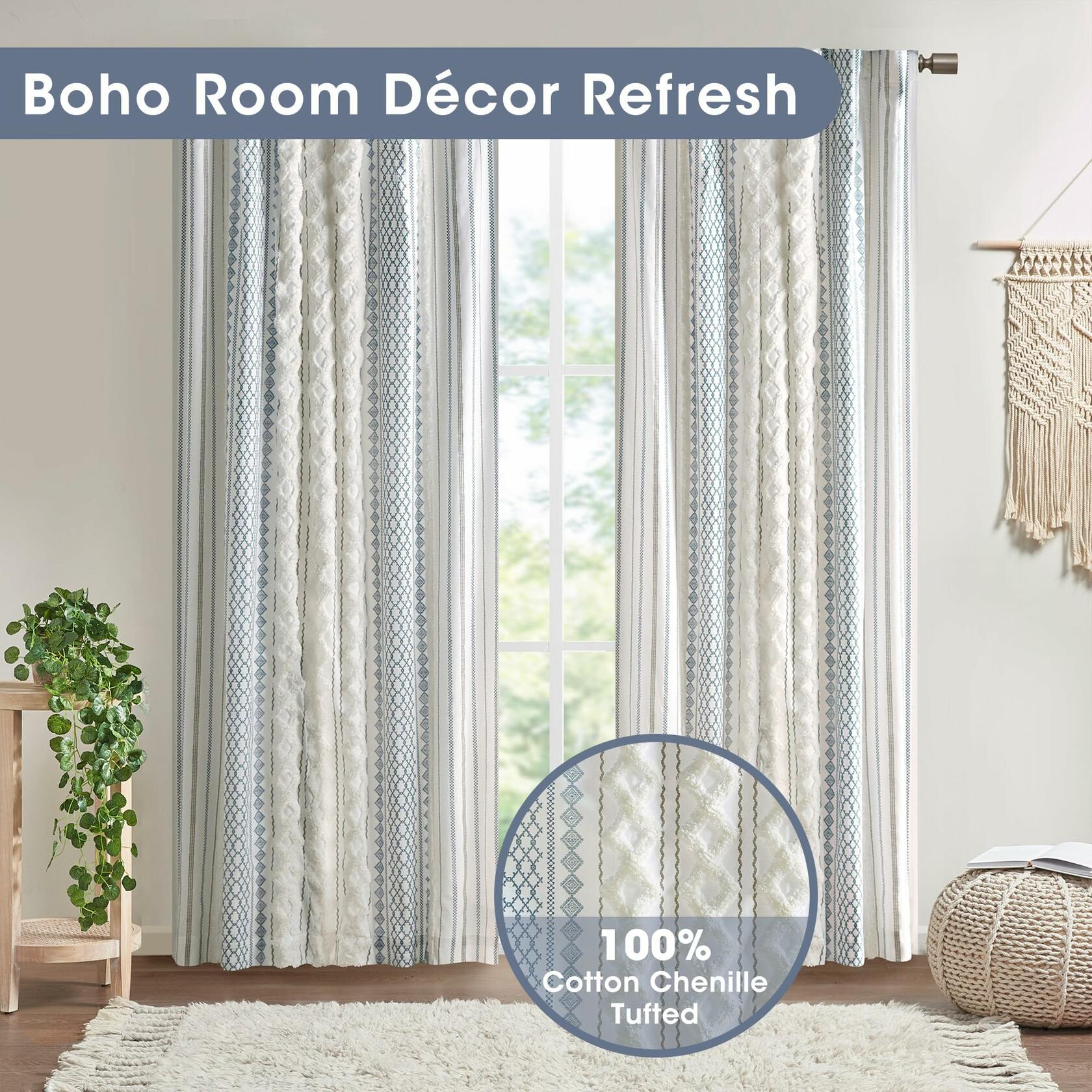 INK+IVY Boho Curtain for Bedroom Single Panel Window Curtain for Living Room, 100% Cotton Tufted Chenille Stripe Modern Farmhouse Curtain Light Filtering Drape for Bedroom, 50" x 84", Ivory/Navy
