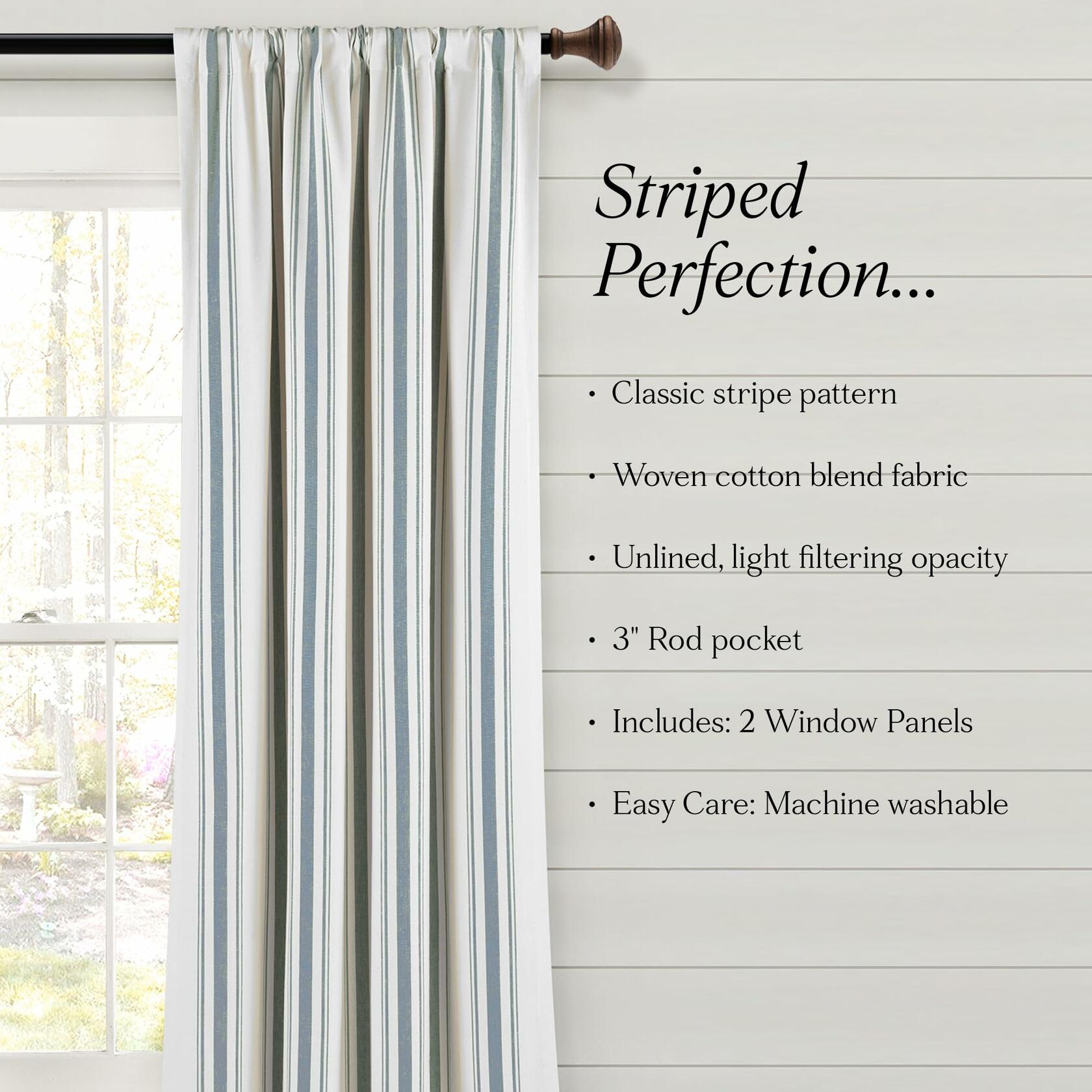 Lush Decor Farmhouse Stripe Yarn Dyed Eco-Friendly Recycled Cotton Window Curtain Panel Pair, 42" W x 95" L, Blue - Classic Modern Rustic Charm - Eco Friendly Cotton Fabric