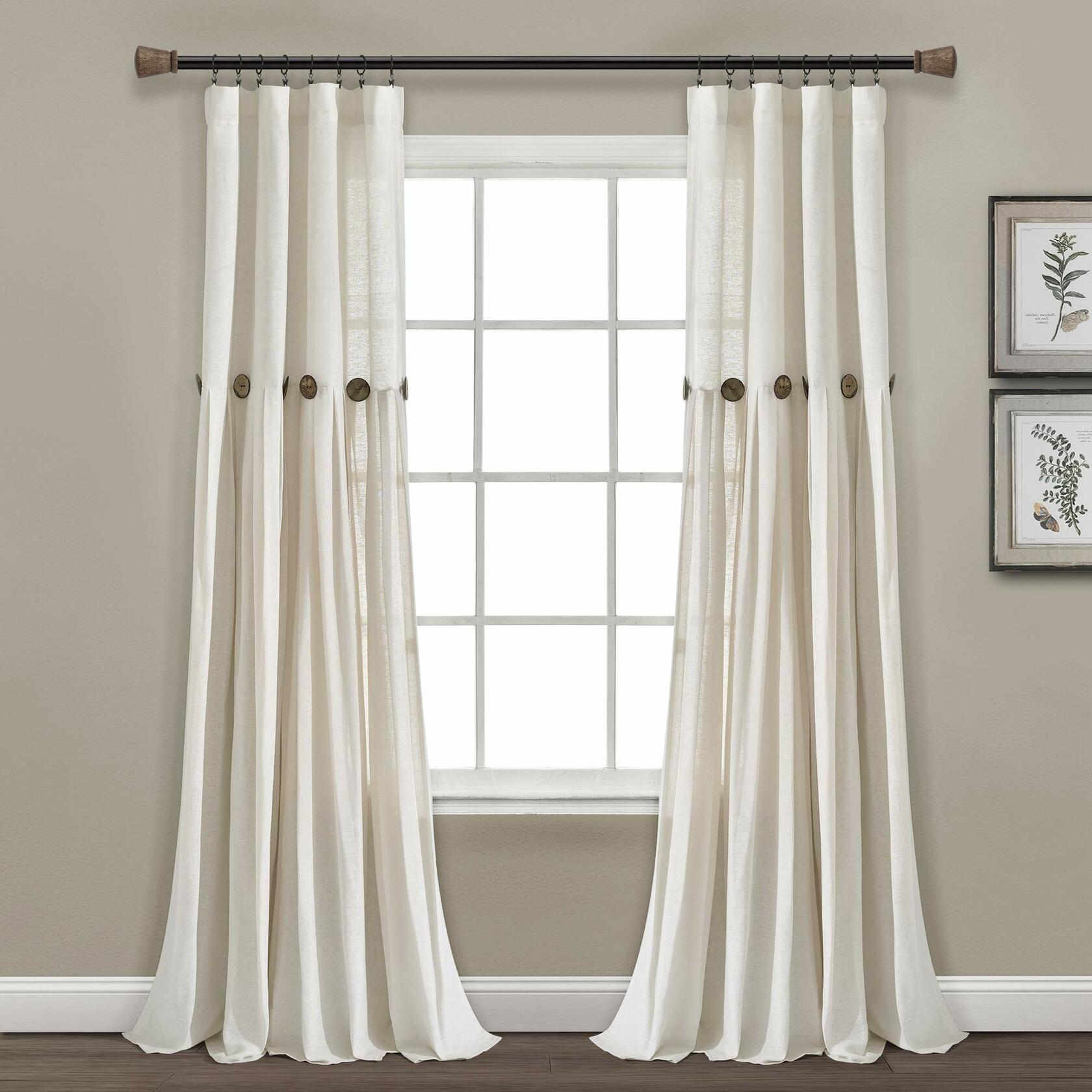 Lush Decor Linen Button Window Curtain Panel, Single, 40" W x 95" L, Off White- Country Curtains - Rustic Decor - Color Block - Modern Farmhouse Curtains