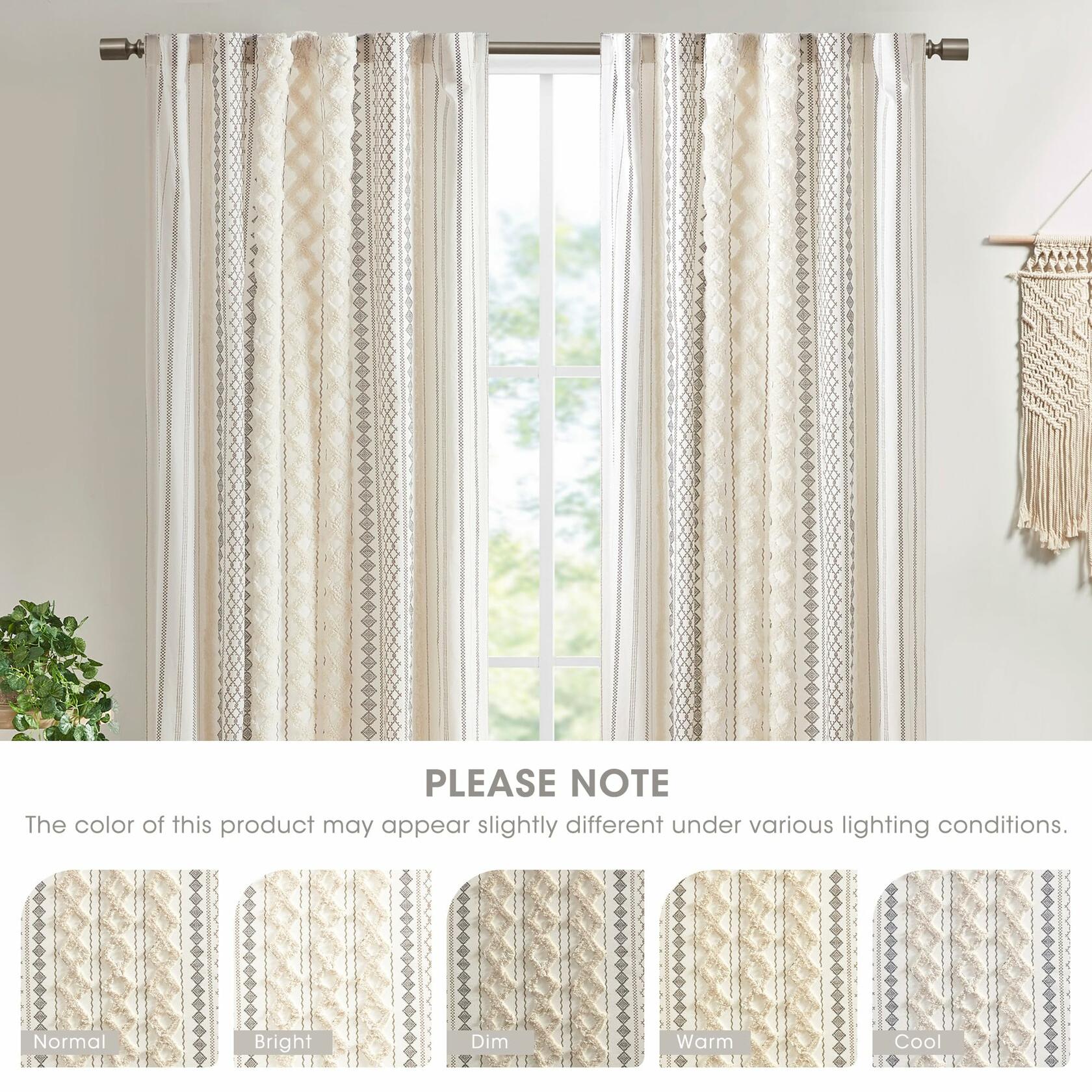 INK+IVY Boho Curtains for Bedroom & Living Room, 100% Cotton Tufted Chenille Stripe Modern Farmhouse Curtains, Light Filtering Drapes, 50" x 95", Ivory