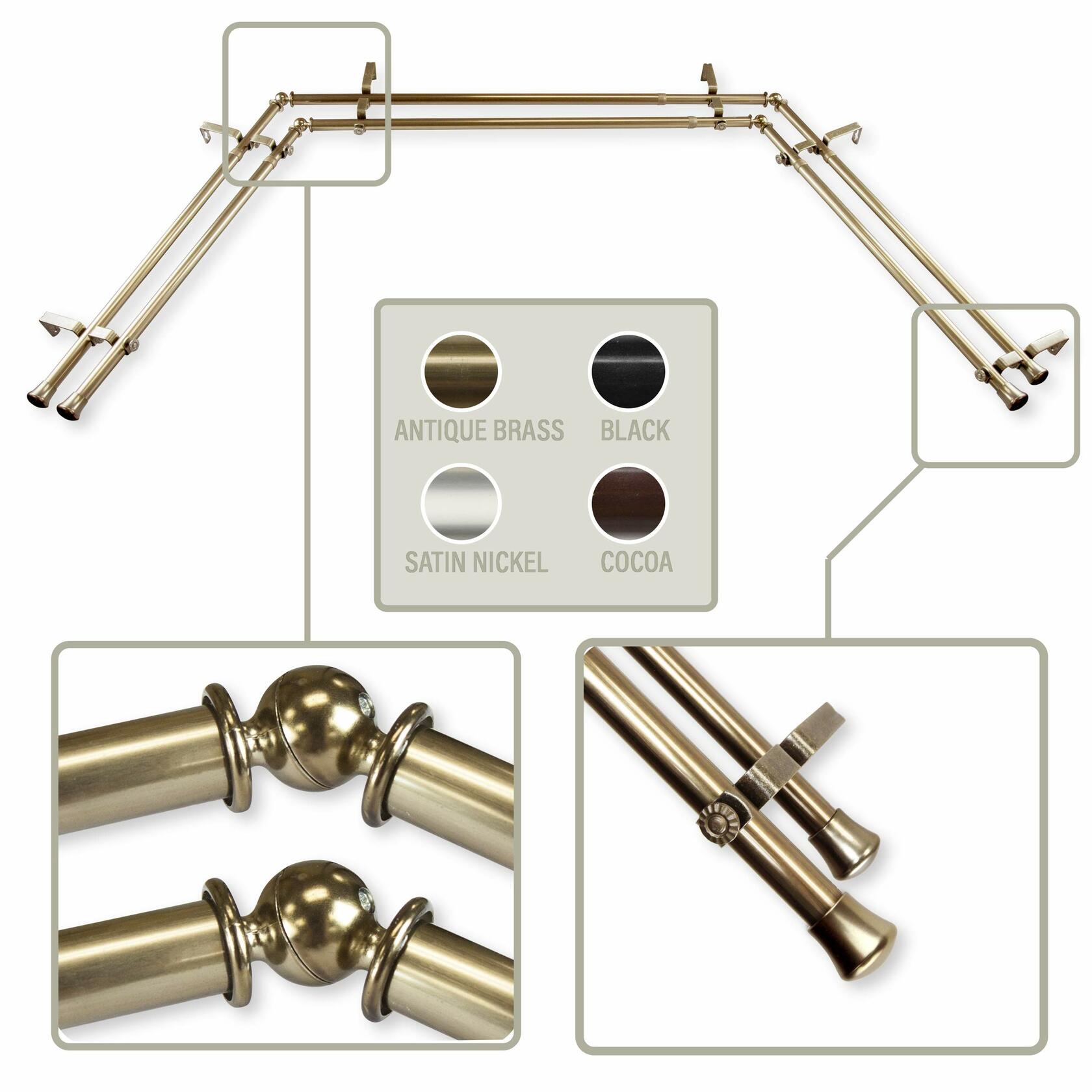 Rod Desyne AWID-Bay-14 13/16" Bay 20"-36", 38"-72"-Antique Brass Double Curtain Rod Set, 78-144"