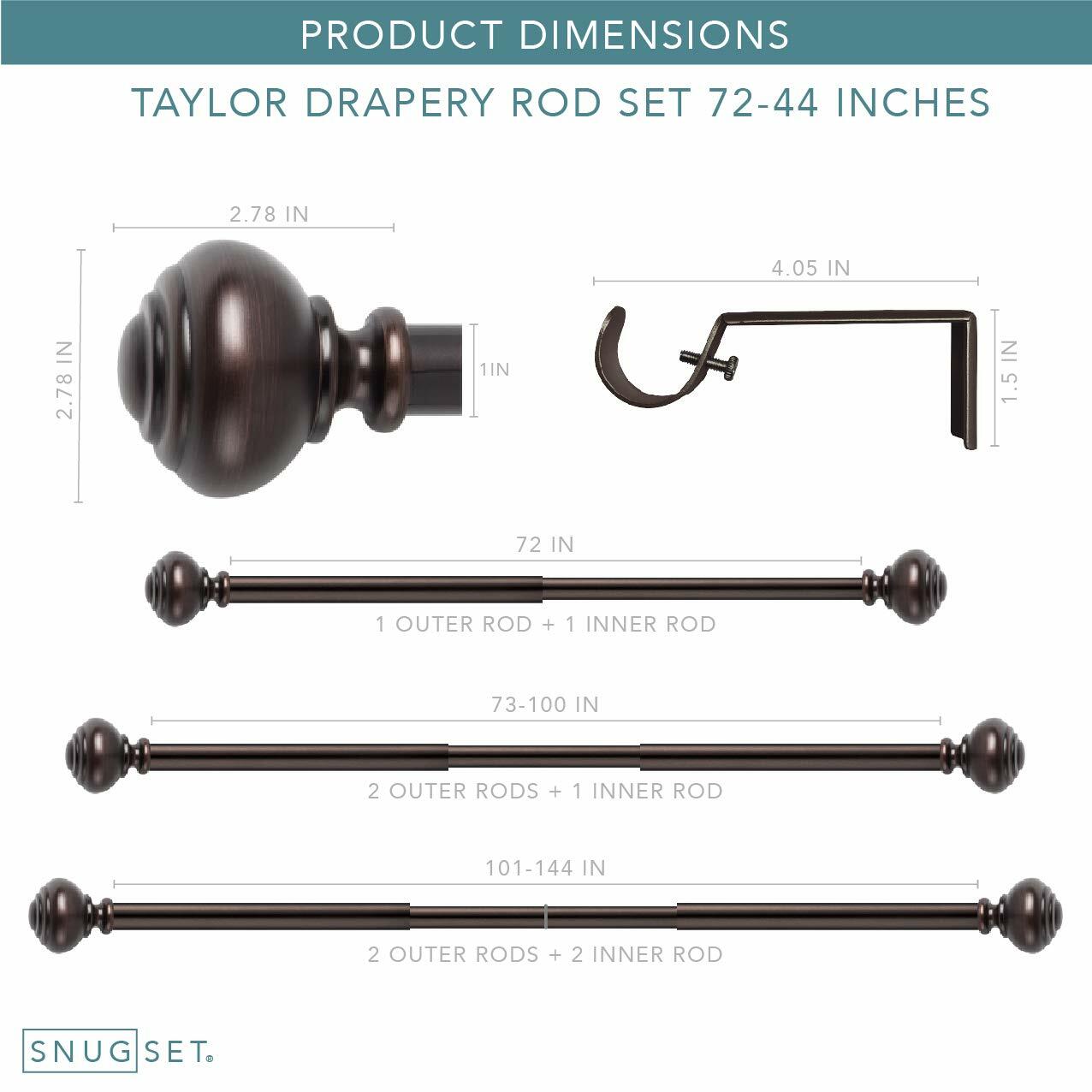 SnugSet | 72-144" Adjustable | Quick Easy Installation | No Tools Option | 1" Dia. Durable Steel Rod | Supports Heavy Fabrics | Knob Finial | Bronze
