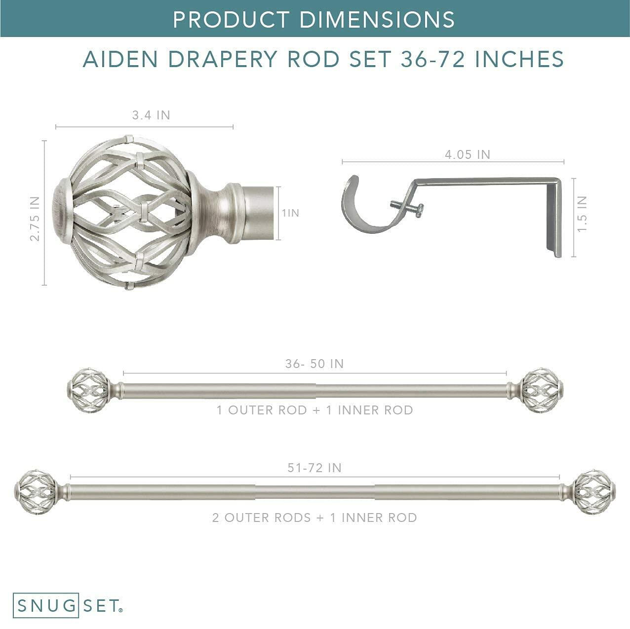 SnugSet | Quick Easy Installation | 36"-72" Adjustable | No Tools Option | 1" Dia. Durable Steel Rod | 3 Brackets Included | Supports Heavy Fabrics | Nickel Cage Ball Finial