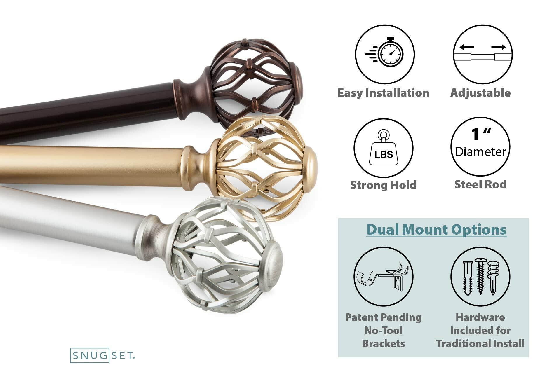 SnugSet | Quick Easy Installation | 36"-72" Adjustable | No Tools Option | 1" Dia. Durable Steel Rod | 3 Brackets Included | Supports Heavy Fabrics | Nickel Cage Ball Finial
