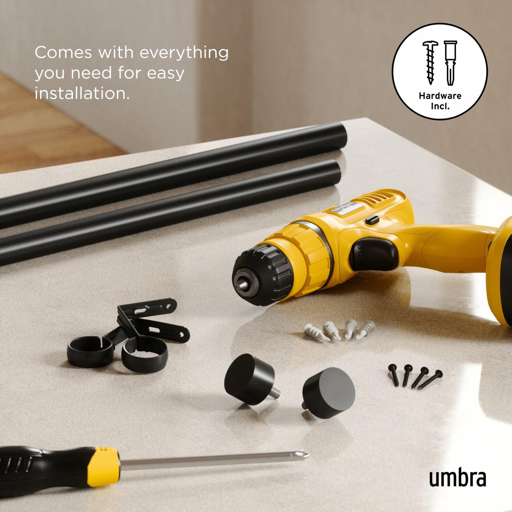 Umbra Cappa Modern 1" Curtain Rod, Includes 2 Matching Finials, Brackets & Hardware, Black