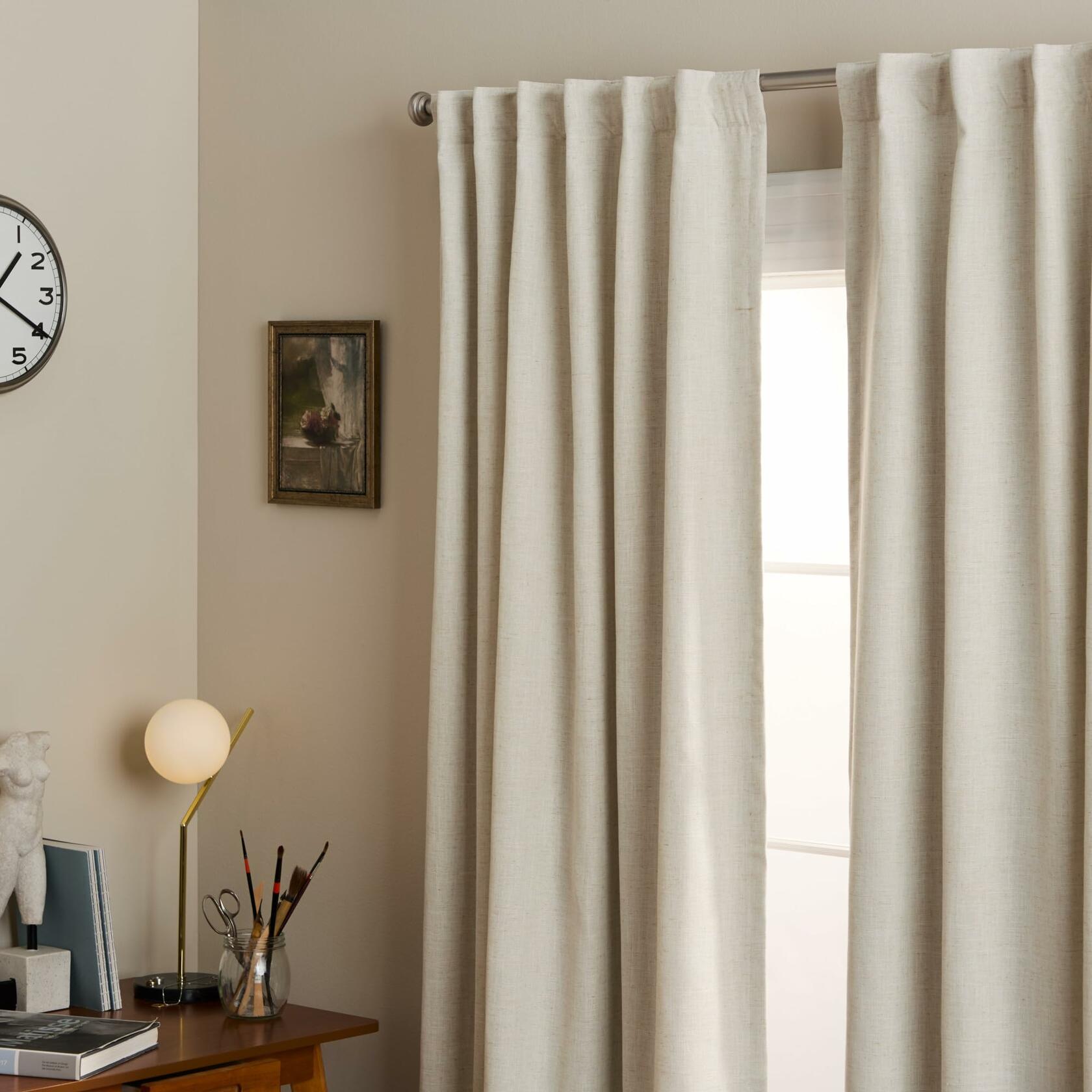 TOWN & COUNTRY LUXE Davos Solid Linen Texture Indoor Curtains, 100% Blackout with Energy Efficient Lining, Back Tab/Rod Pocket Top, 2-Pack Set, Natural Linen, 50"x84"