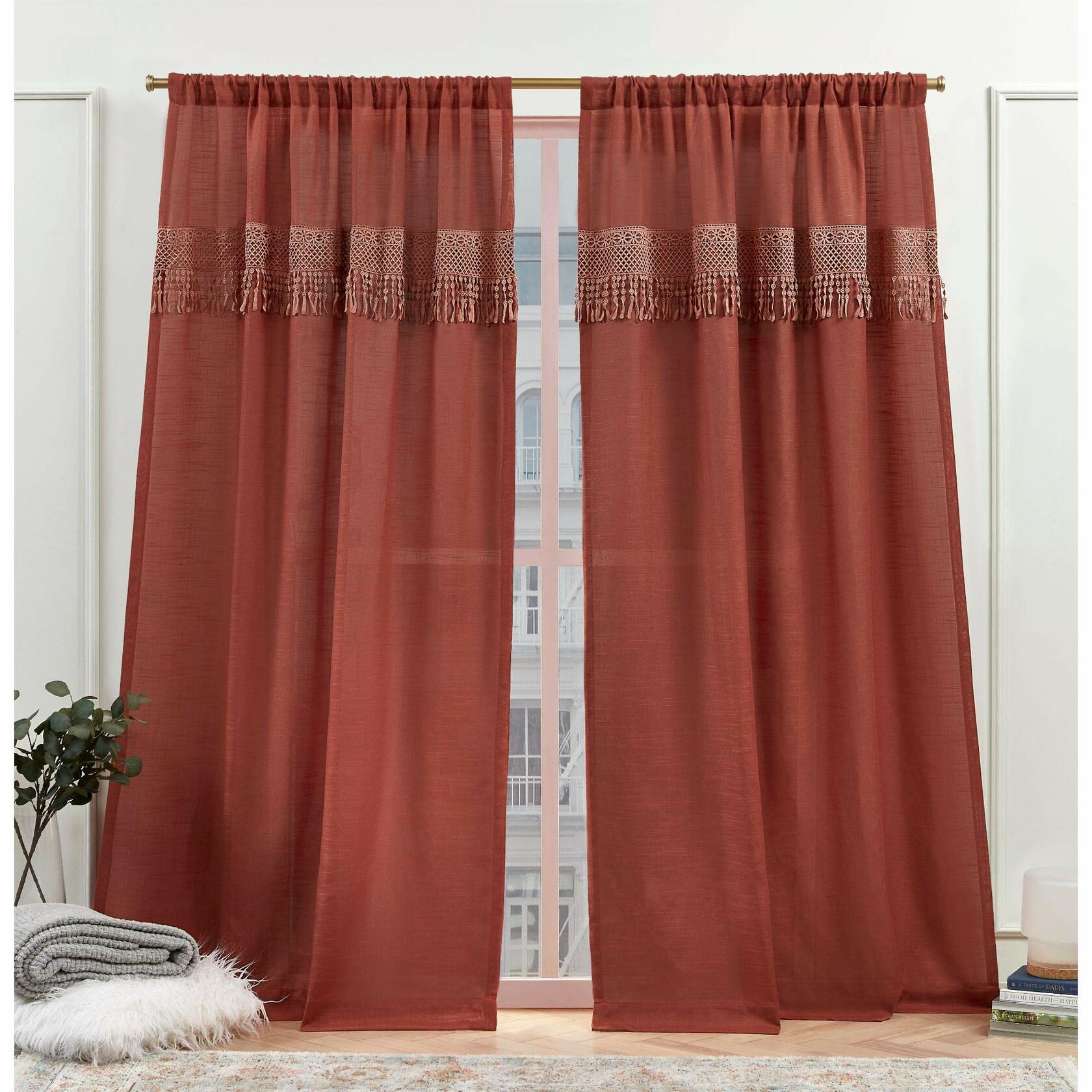 Nicole Miller New York Dunbar Light Filtering Rod Pocket Curtain Panels, 50"x96", Burnt Sienna, Set of 2