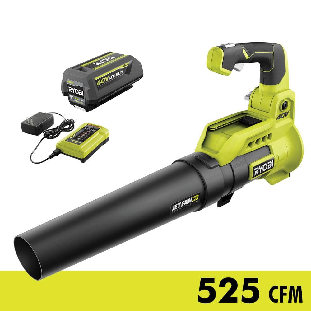 RYOBI 40V 110 MPH 525 CFM Cordless Battery Variable-Speed Jet Fan Leaf Blower with 4.0 Ah Battery and Charger