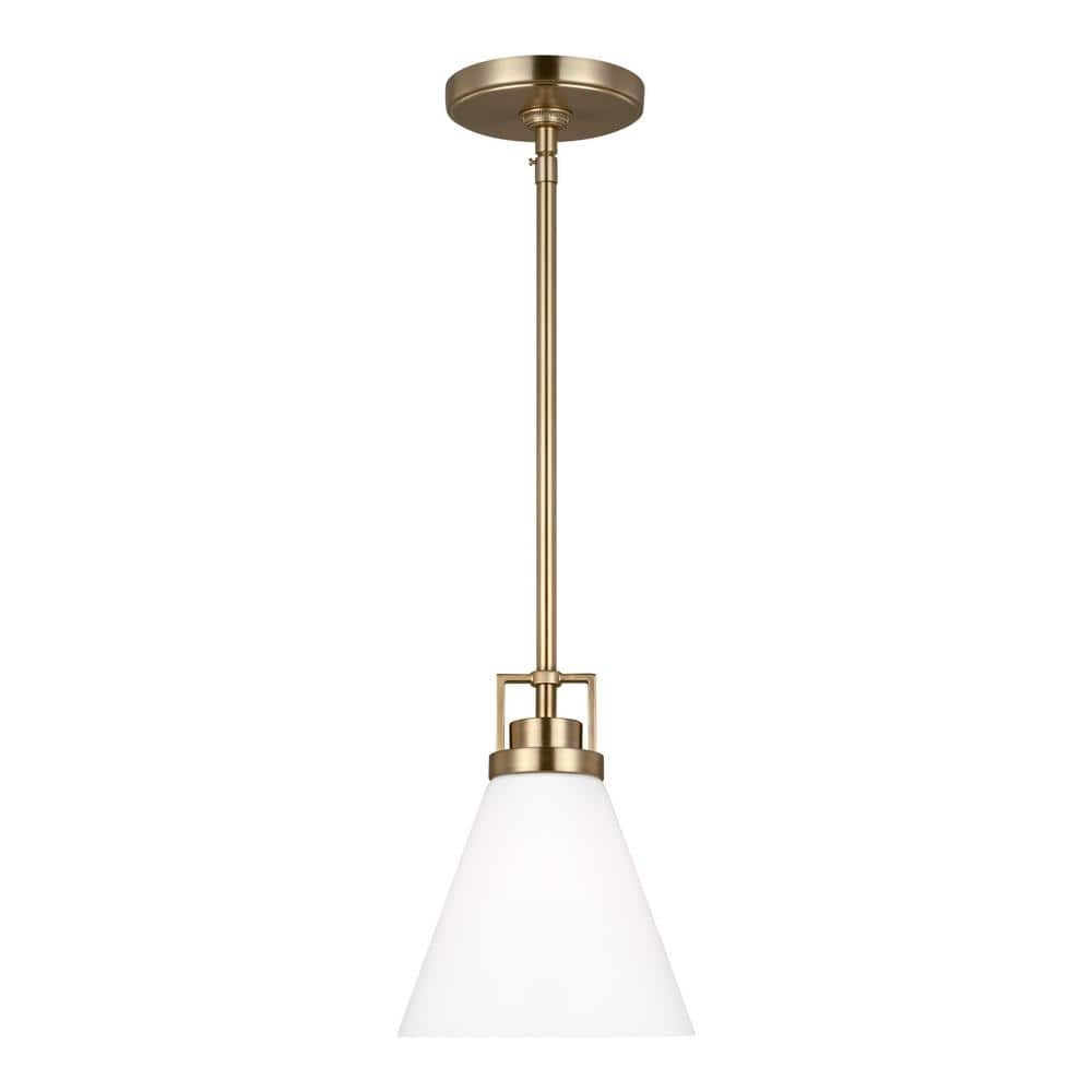 Home Decorators Collection Clermont 1-Light Satin Brass Shaded Pendant Light with Milk Glass Shade