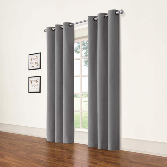 Eclipse Cohen Thermaback Smoke Textured Solid Polyester 42 in. W x 84 in. L Blackout Single Grommet Top Curtain Panel, Grey