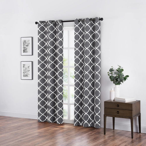 Eclipse Fret Thermaback Smoke Lattice Polyester 42 in. W x 84 in. L Blackout Single Grommet Top Curtain Panel, Grey