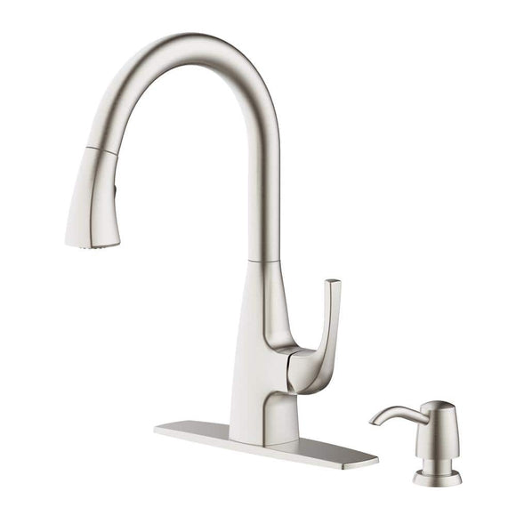 Calandine Single-Handle Pull-Down Sprayer Kitchen Faucet with soap dispenser in Spot Resist Stainless