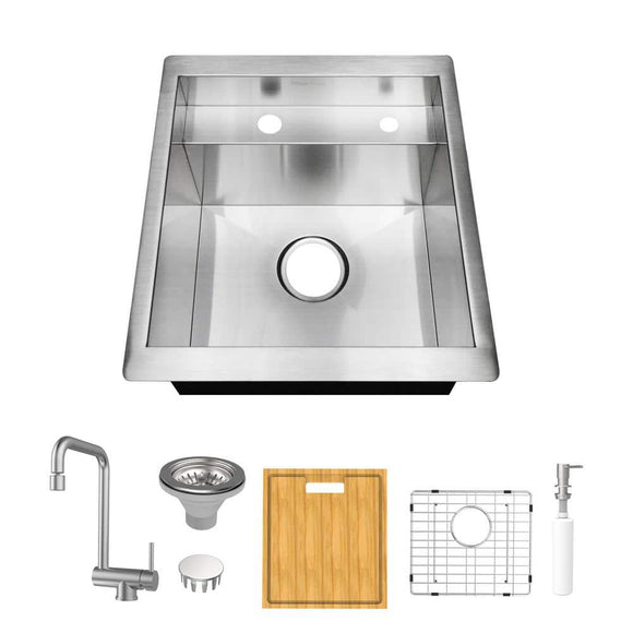 Glacier Bay Zero Radius Undermount 18G Stainless Steel 17 in. Single Bowl Workstation Bar Sink with Stainless Steel Faucet, Silver