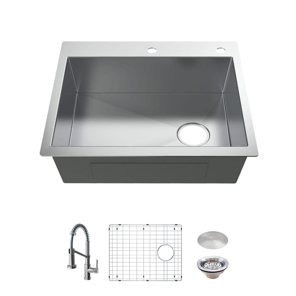 Glacier Bay Professional 30 in. All in One Drop-In 16G Stainless Steel 2-Hole Single Bowl Kitchen Sink with Spring Neck Faucet, Silver