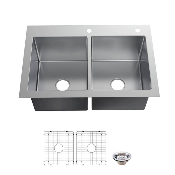 Glacier Bay Tight Radius Drop-In/Undermount 18G Stainless Steel 33 in. 2-Hole 50/50 Double Bowl Kitchen Sink with Accessories, Silver