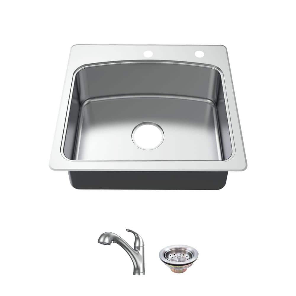 Glacier Bay All in-One 25 in. Drop-in Single Bowl 20 Gauge Stainless Steel Kitchen Sink with Pull-Out Faucet, Silver