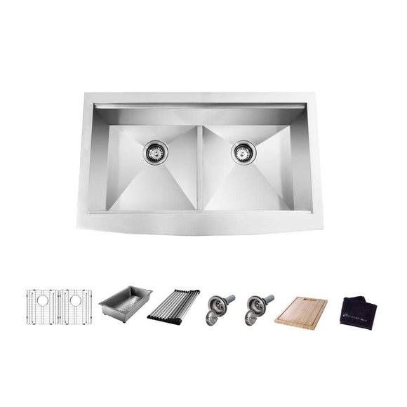 Glacier Bay Zero Radius Farmhouse/Apron-Front 18G Stainless Steel 33 in. 50/50 Double Bowl Workstation Kitchen Sink with Accessories, Silver