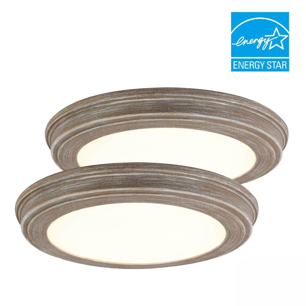 15 in. Weathered Gray Wood 5-CCT LED Round Flush Mount, Low Profile Ceiling Light (2-Pack)