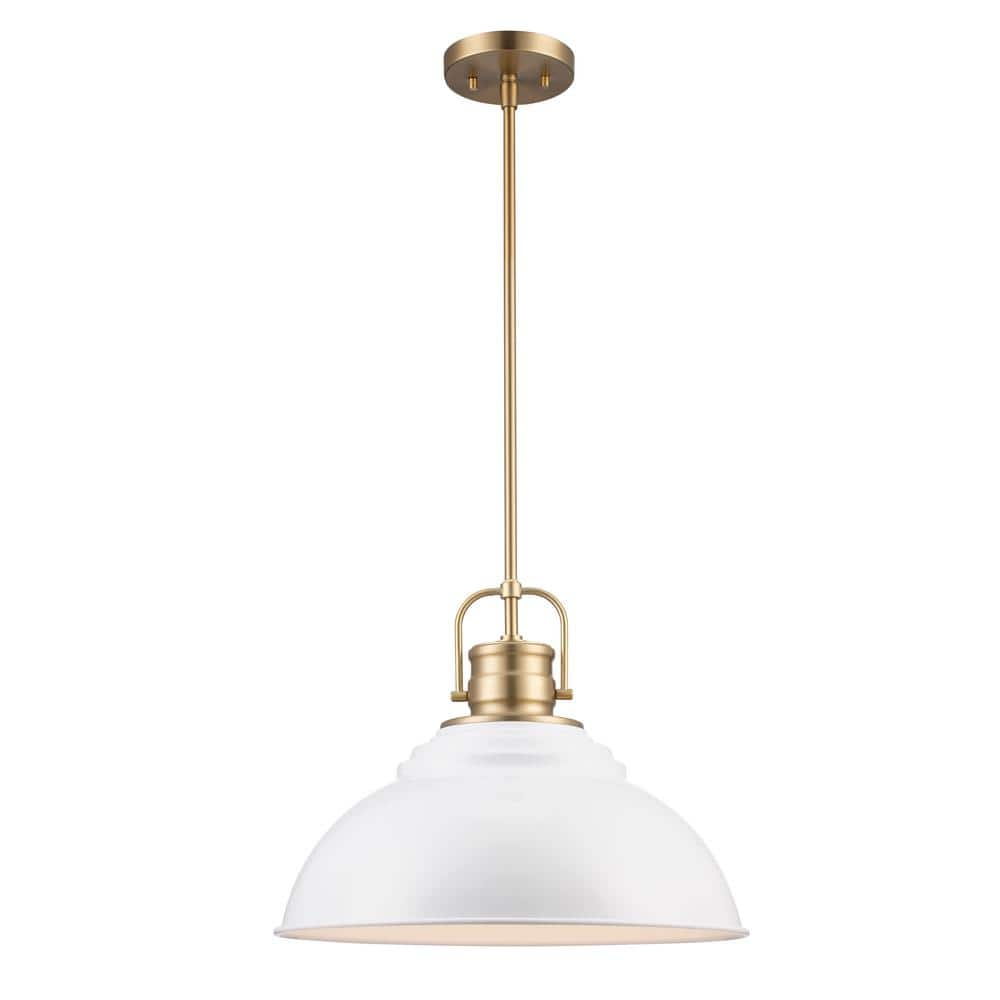 Home Decorators Collection Shelston 16 in. 1-Light White and Brass Farmhouse Hanging Kitchen Pendant Light with Metal Shade