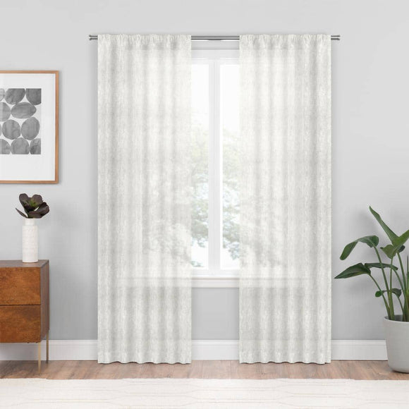 Geo Clip White Geometric Pattern Polyester 54 in. W x 84 in. L Sheer Single Rod Pocket Curtain Panel