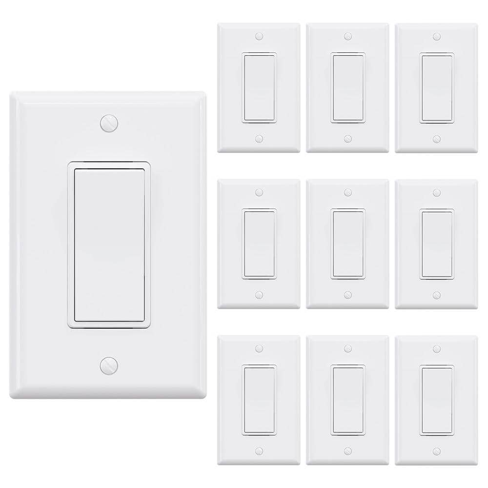 ELEGRP Decorator Paddle Rocker Light Switch  15Amp  120/277V  Single Pole  with Midsize Nylon Wall plate  White (10 pack)