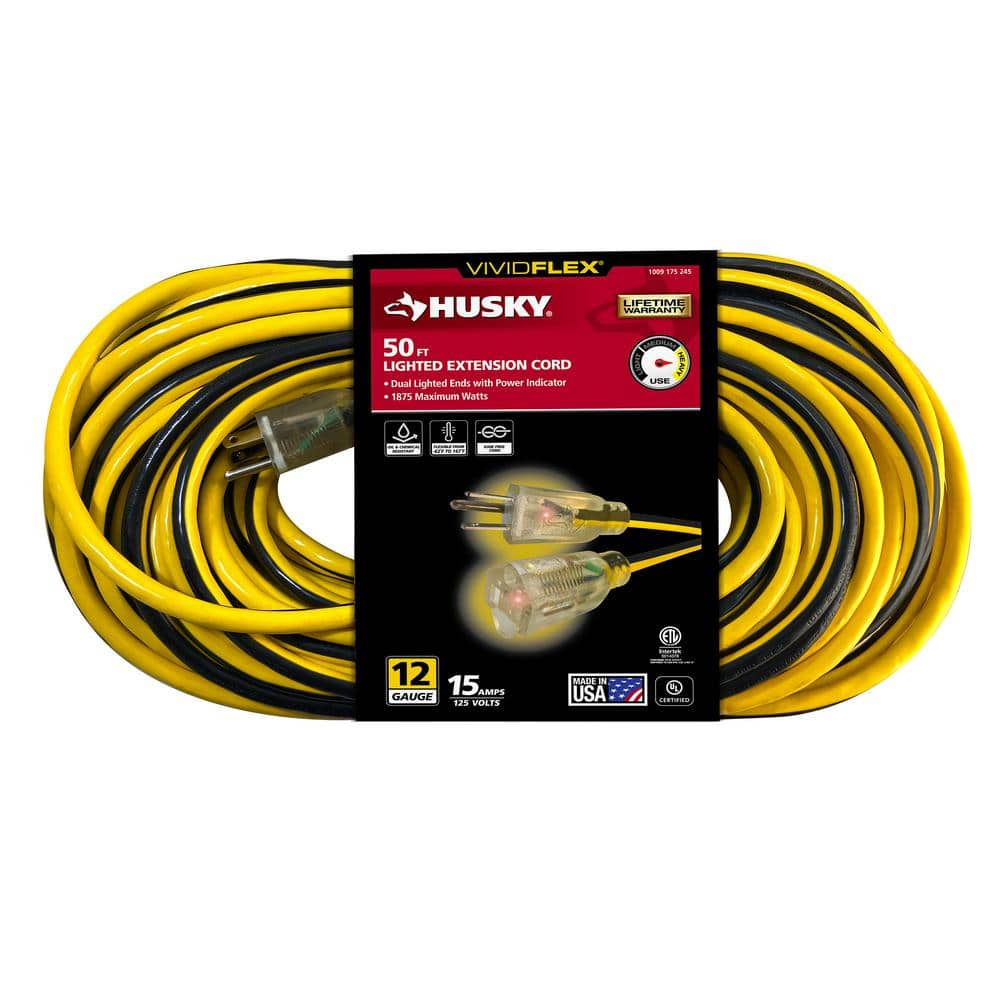 VividFlex 50 ft. 12/3 Heavy Duty Indoor/Outdoor Extension Cord with Lighted End, Yellow